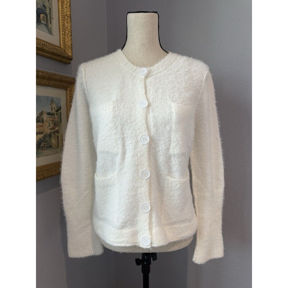 Ivory Fuzzy Cardigan Sweater M/L NWT Button Front Coquette Cozy Winter White